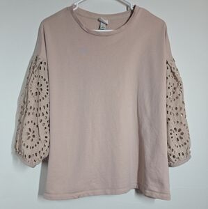 A New Day Women's Sz XL Beige Eyelet Puff 3/4 Sleeve Boxy Pullover Sweatshirt